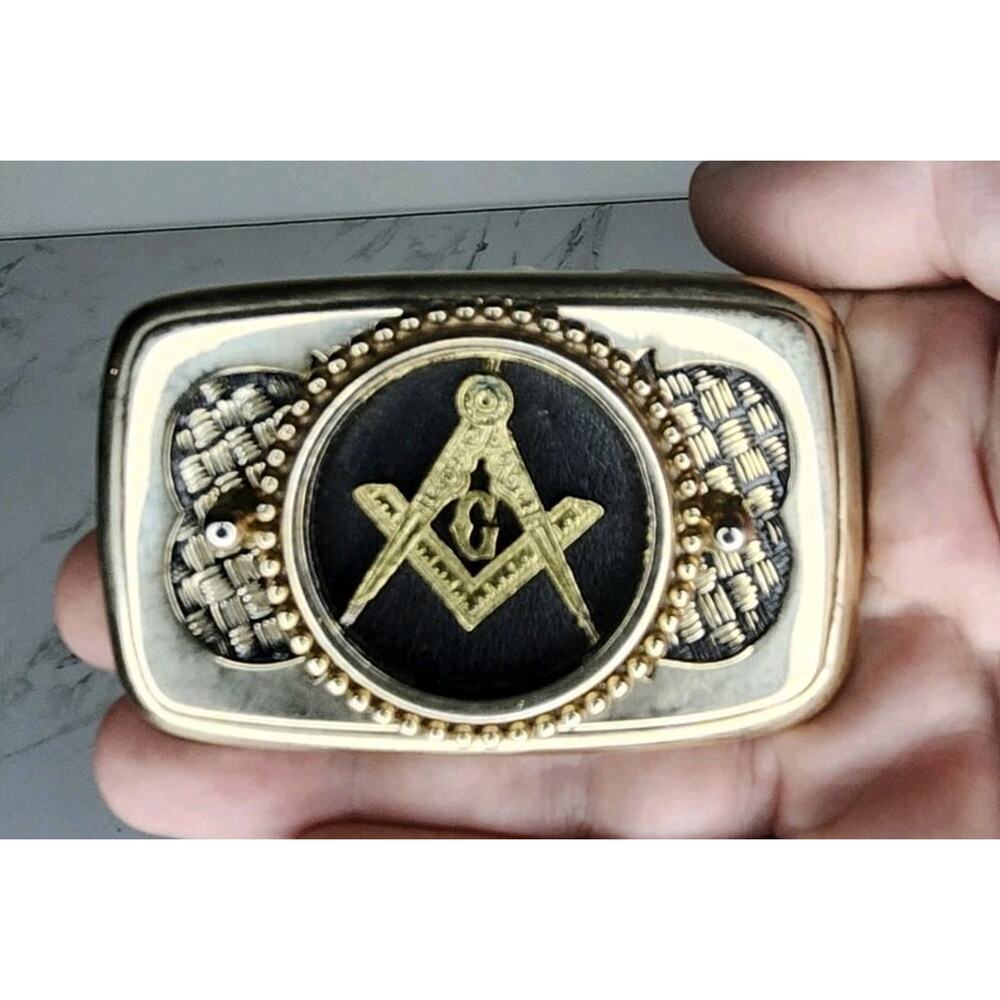 Vintage - Gold Black Enamel Freemasons Masonic Shriners Metal Belt Buckle Rare